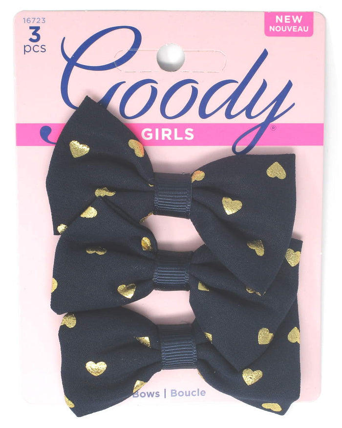 Goody Girls Navy Hair Bow Heart Barrettes 2.75" - 3 Pieces