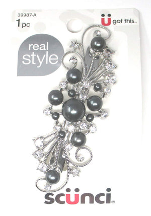 Scunci Gray Pearl Rhinestone Barrette 4" - 1 Piece