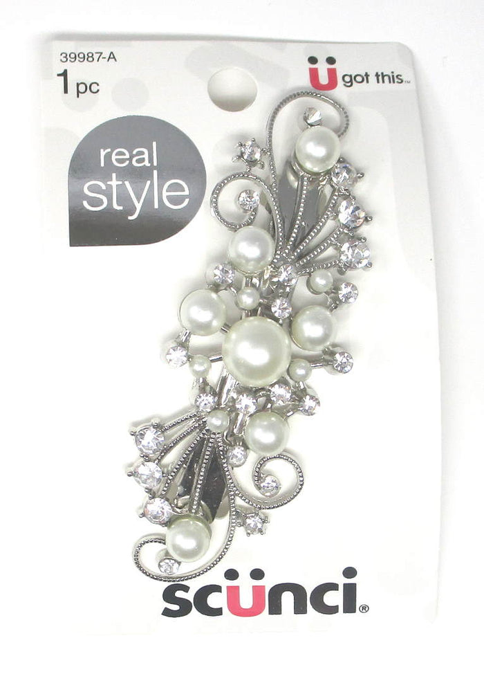 Scunci White Pearl Rhinestone Barrette 4" - 1 Piece